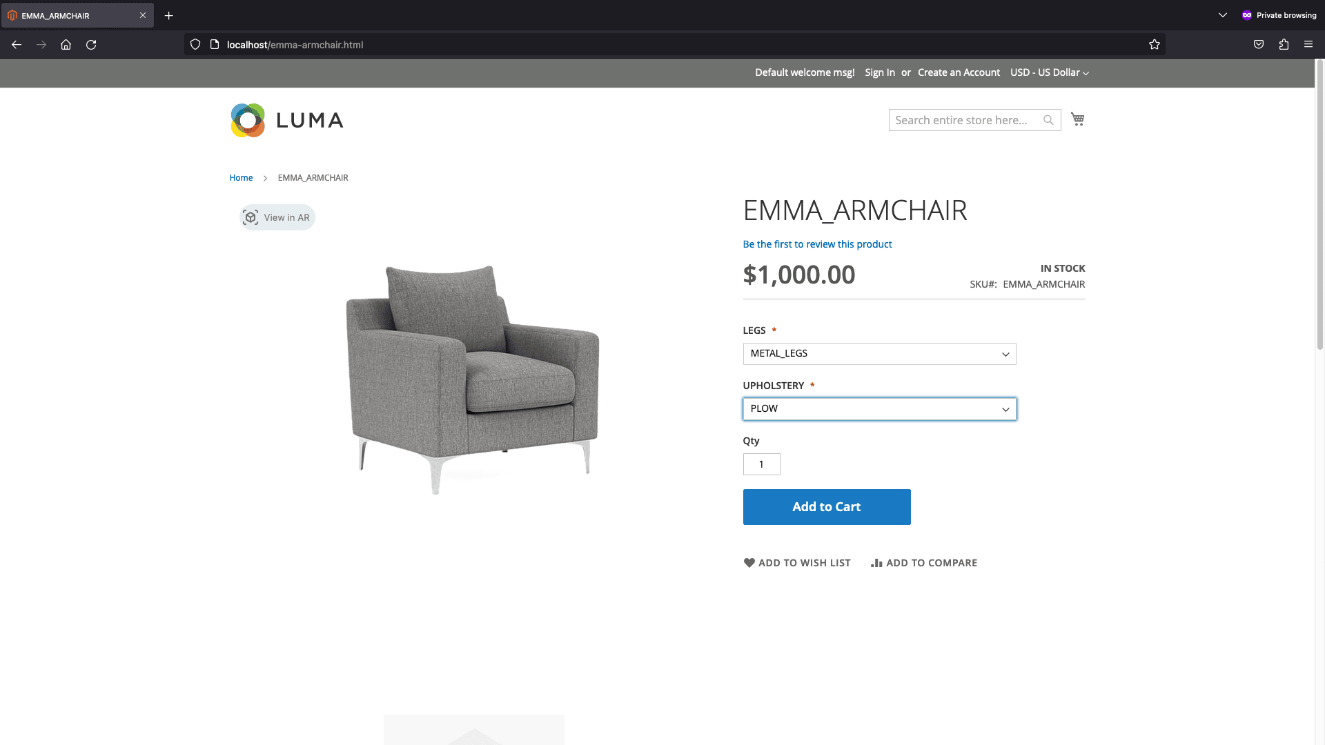 changing upholstery attribute on the product page