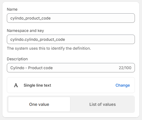 Product code metafield definition