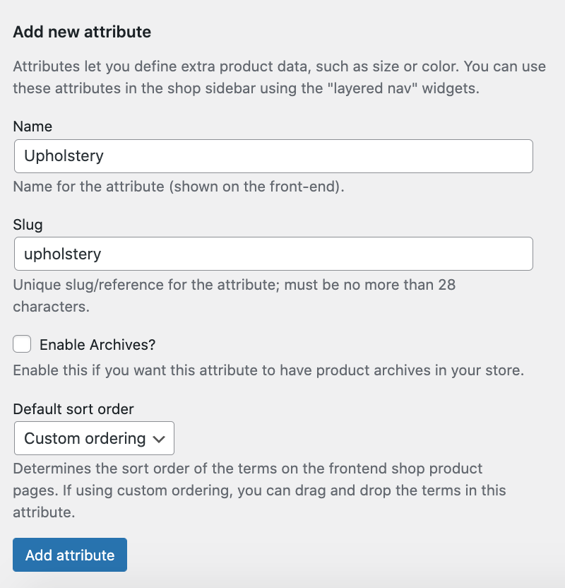 WordPress/Products/Attributes/Add new attribute