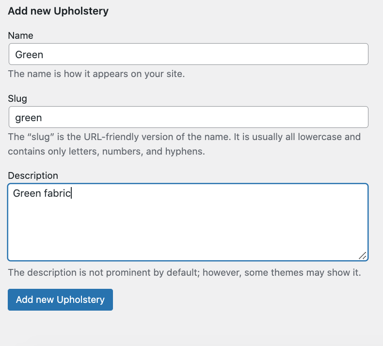 WordPress/Products/Attributes/Add new Upholstery