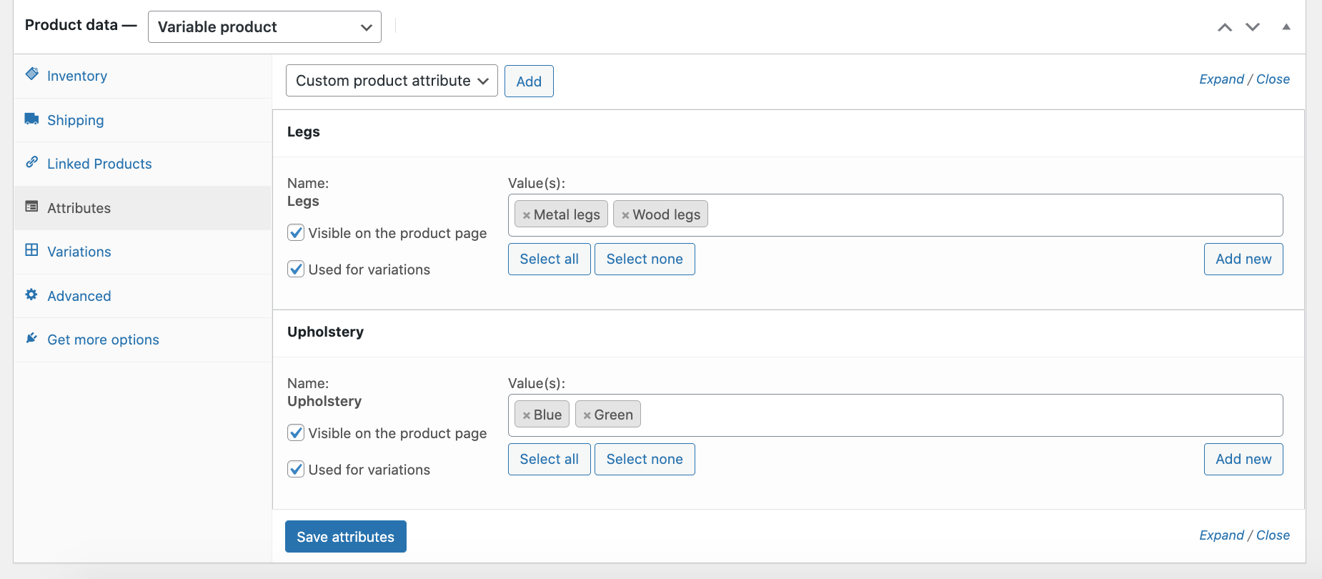 WordPress/Products/Product Data/Attributes